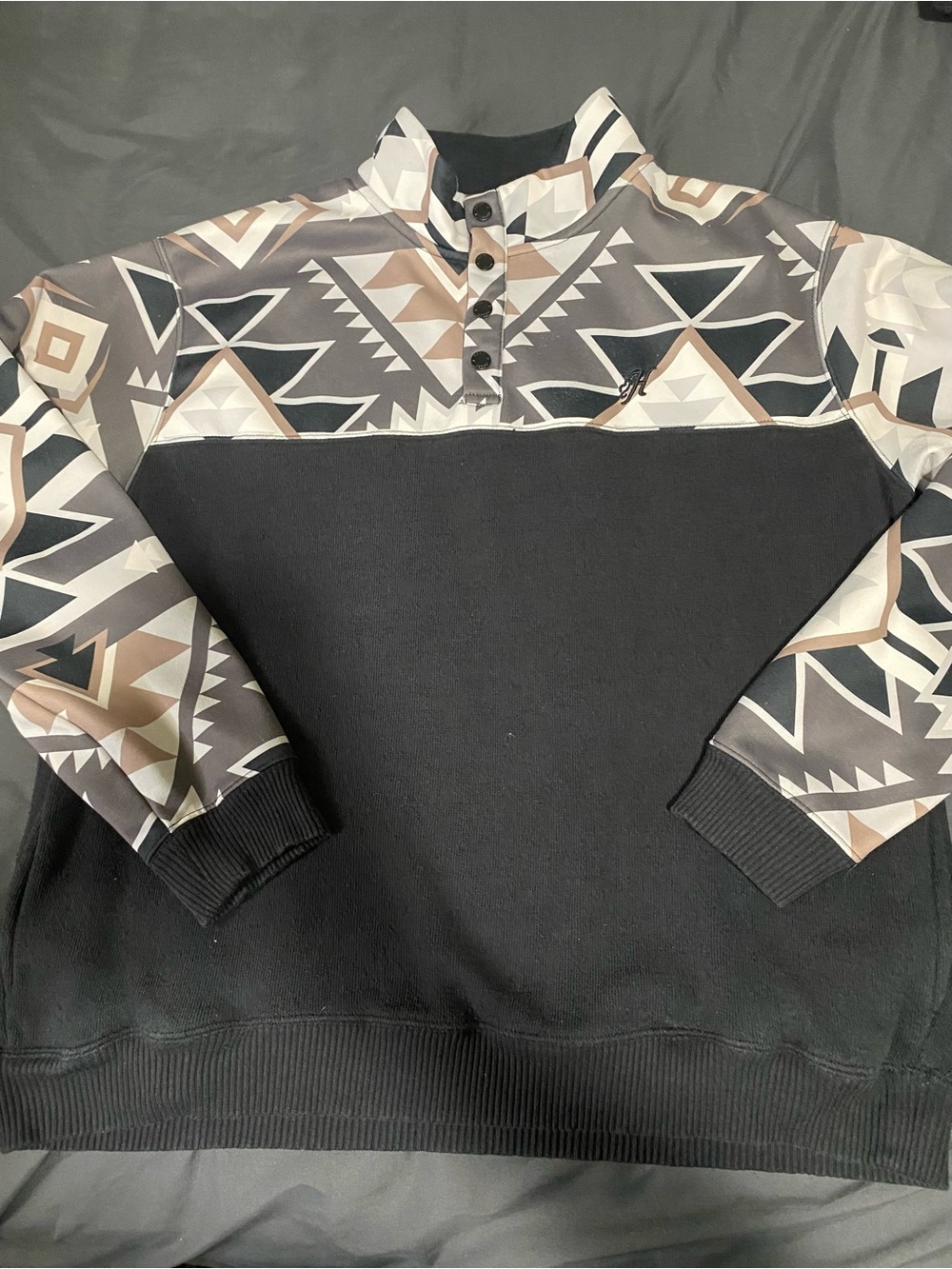 Men's Black and Tan Geometric Quarter-Button Sweater